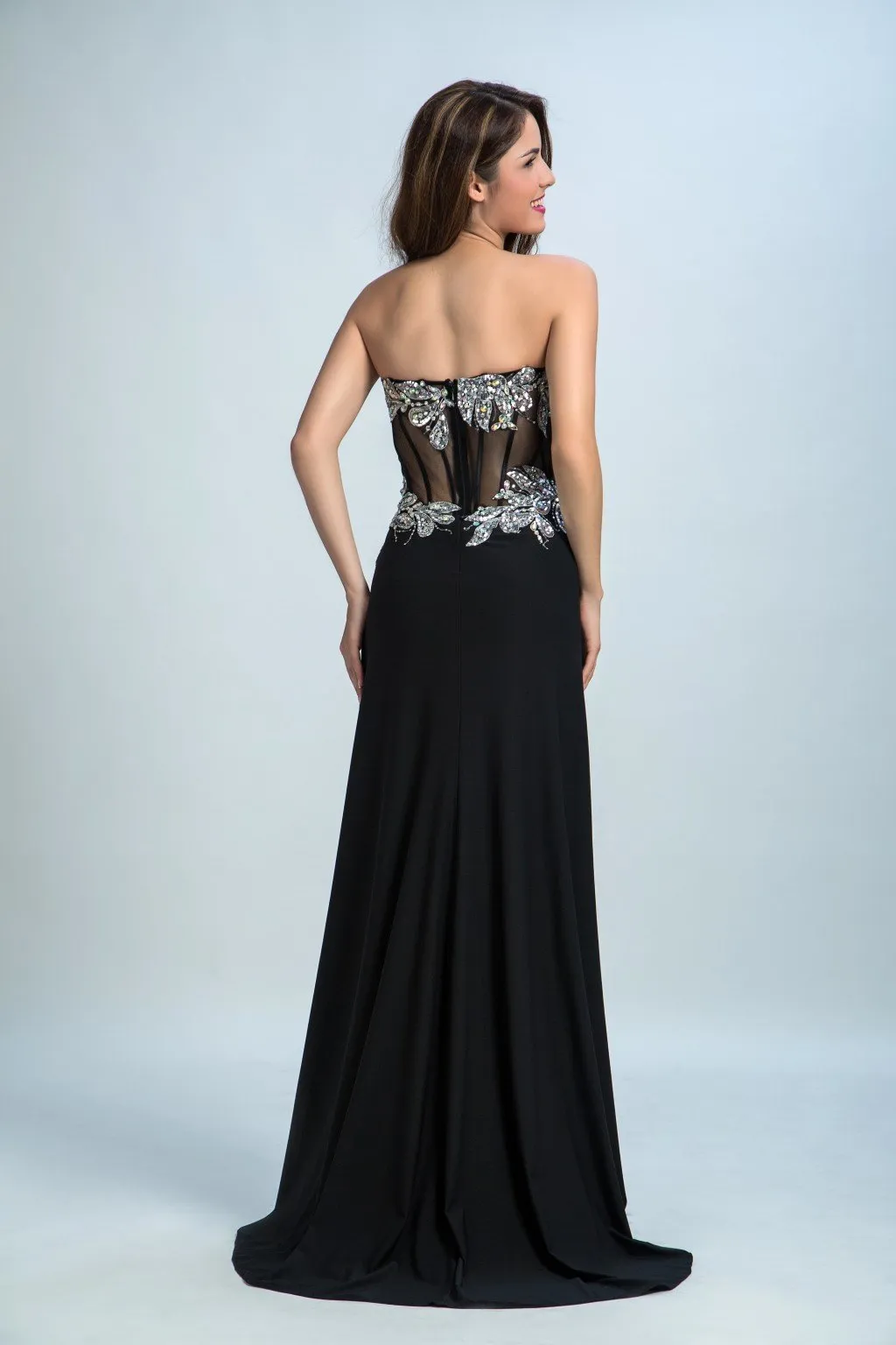 A-line Sweetheart Chiffon Rhine Stone Black Evening Dresses 2915