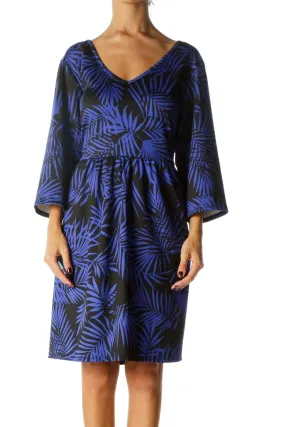 Black Blue Palm Leaves Print 3/4 Sleeve Pocketed Dress