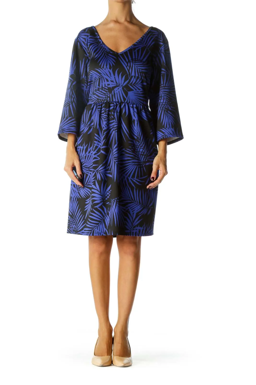 Black Blue Palm Leaves Print 3/4 Sleeve Pocketed Dress