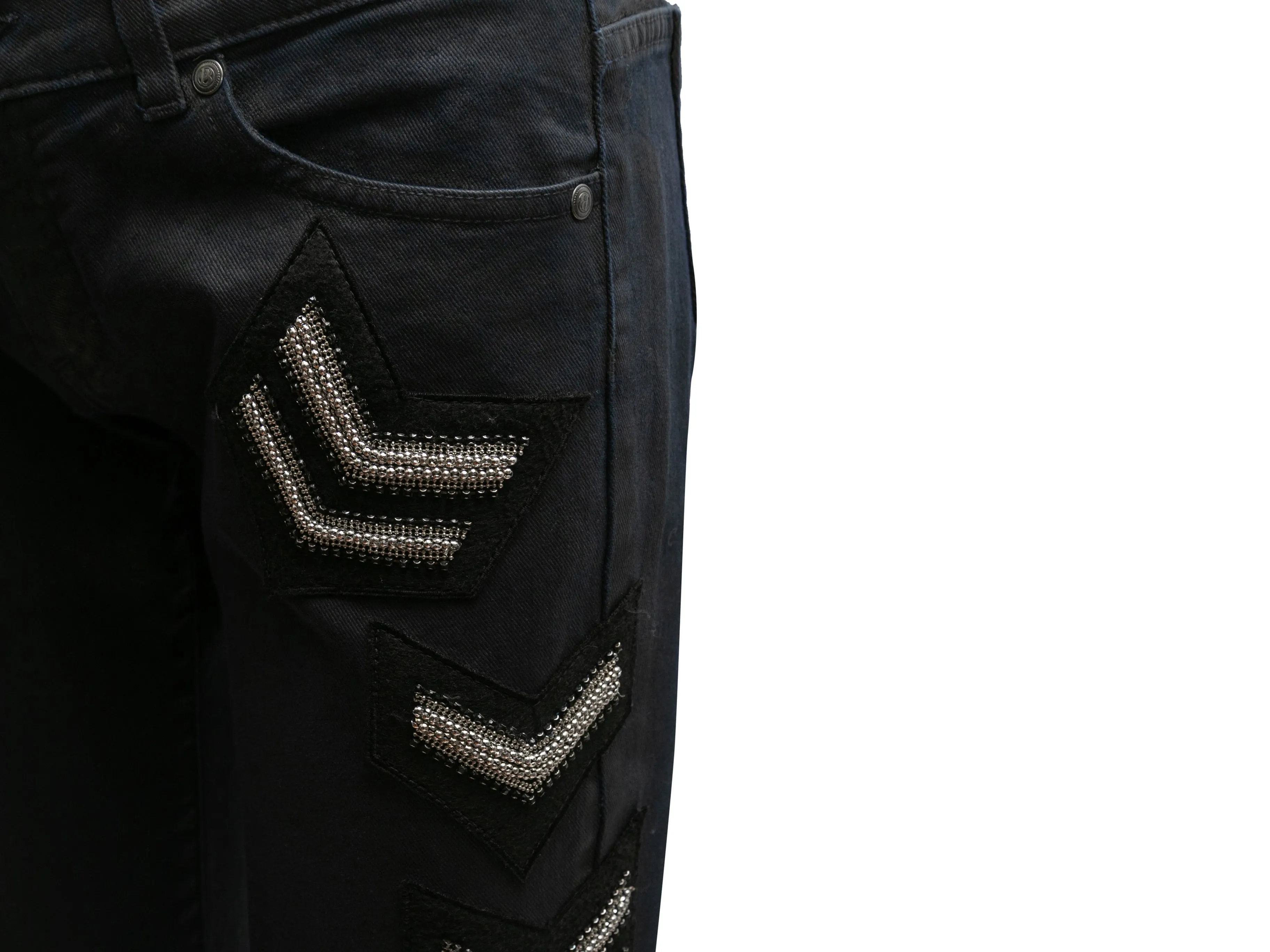 Black Pierre Balmain Waxed Patch-Embellished Skinny Jeans Designer Size 28