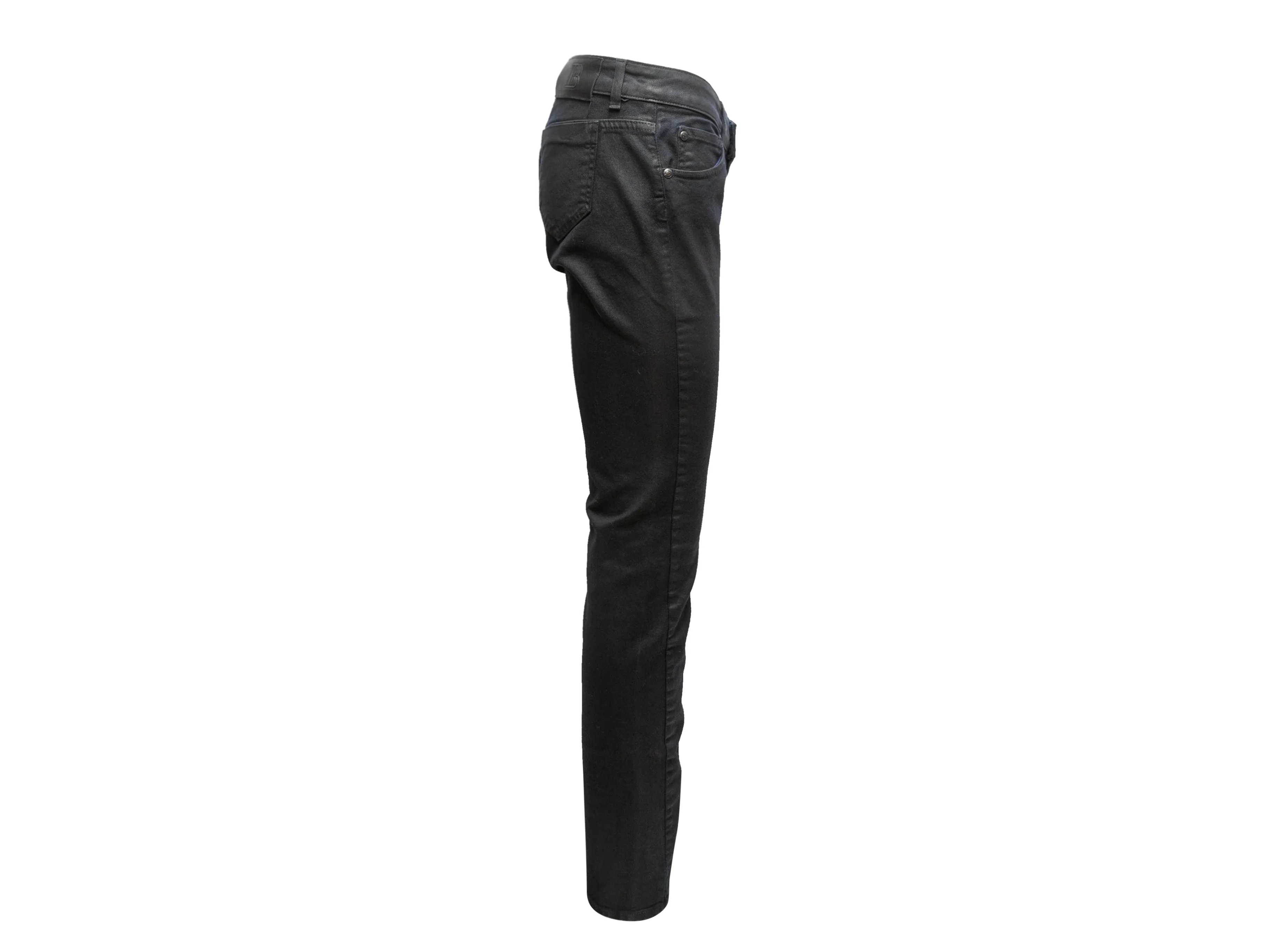 Black Pierre Balmain Waxed Patch-Embellished Skinny Jeans Designer Size 28