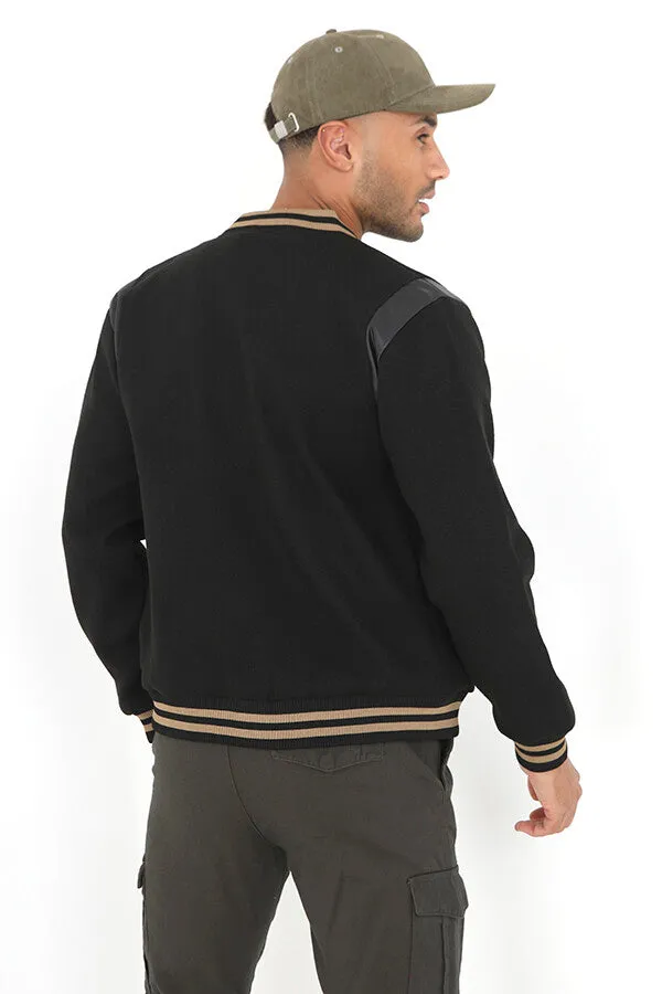 BLACK STRIPE DETAIL FAUX WOOL VARSITY JACKET