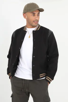 BLACK STRIPE DETAIL FAUX WOOL VARSITY JACKET