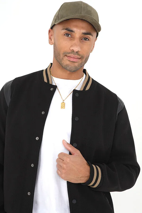 BLACK STRIPE DETAIL FAUX WOOL VARSITY JACKET