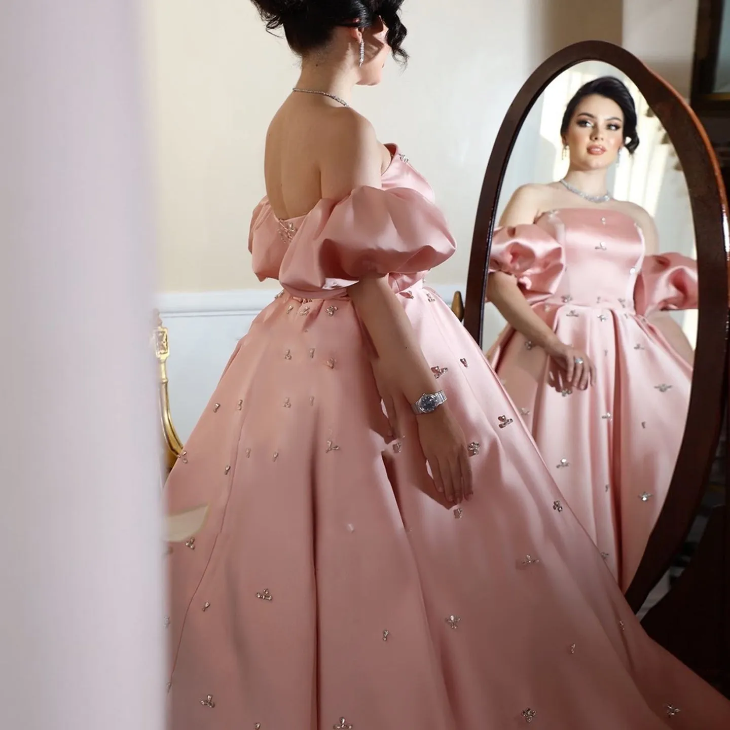 Crystal Blush Pink Satin Off-Shoulder Evening Dresses SS442