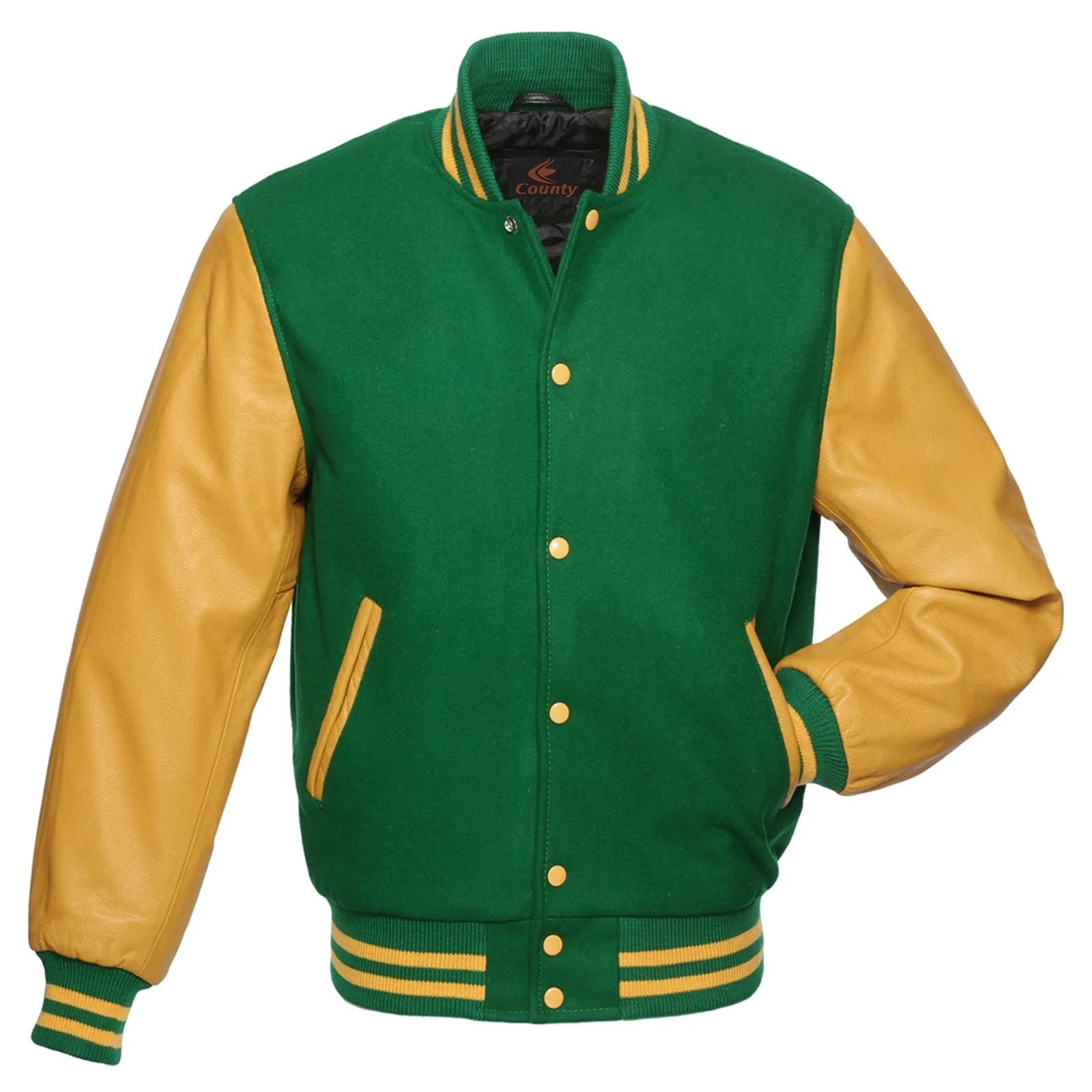 Custom Made Letterman Jackets Green Body and Gold Leather Sleeves Varsity Jacket