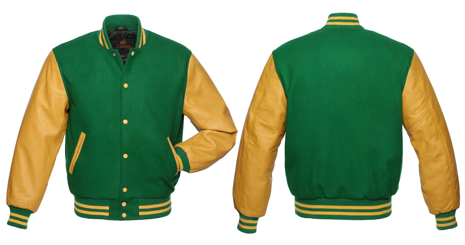 Custom Made Letterman Jackets Green Body and Gold Leather Sleeves Varsity Jacket