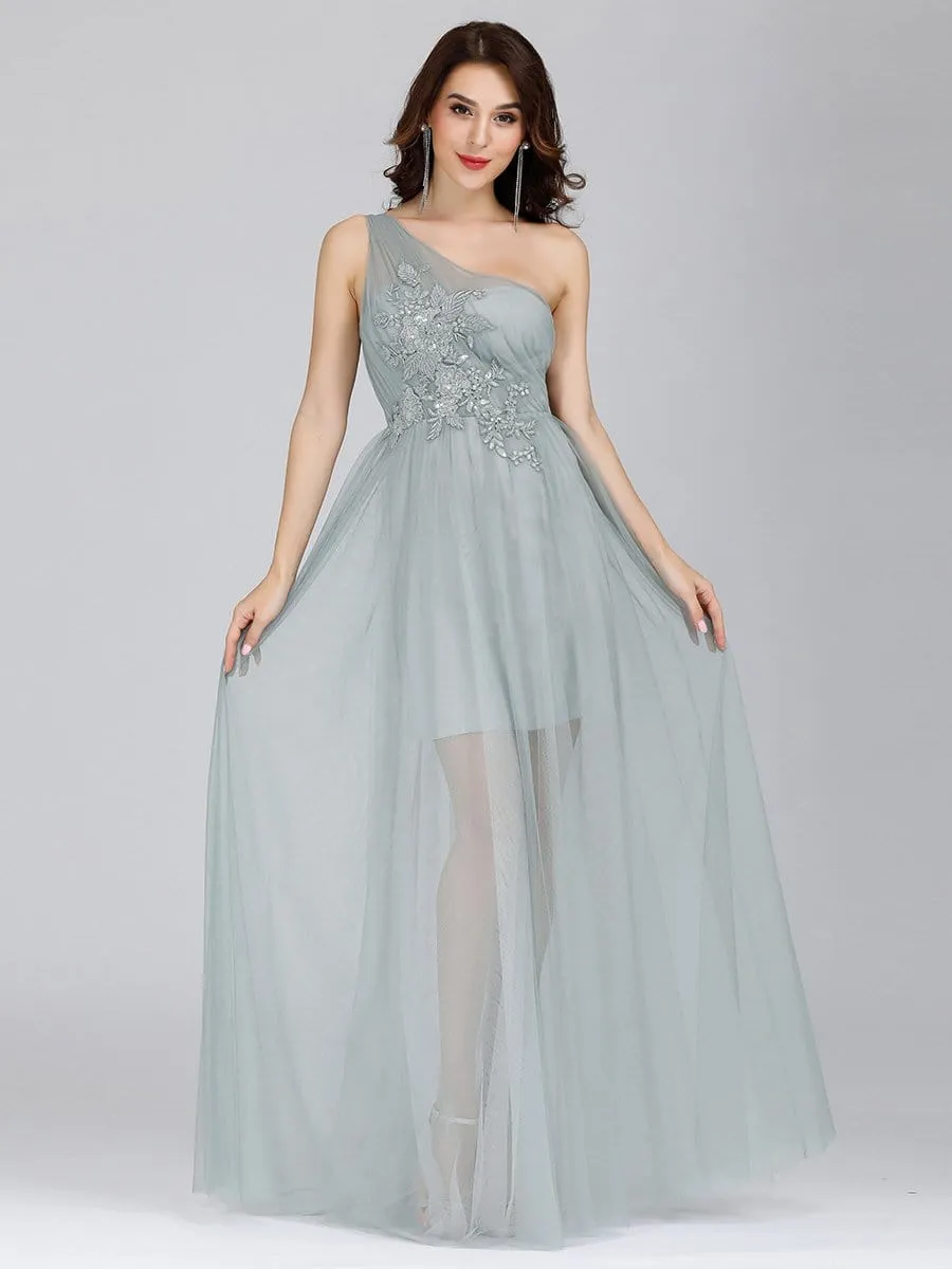 Dainty Asymmetric Shoulder Evening Dresses with Applique