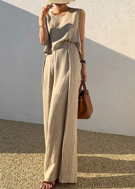 DIY Khaki O-Neck Vests And Wide Leg Pants Two Pieces Set Summer LY3903