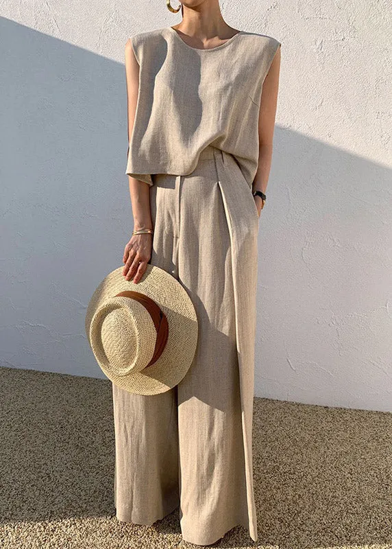 DIY Khaki O-Neck Vests And Wide Leg Pants Two Pieces Set Summer LY3903