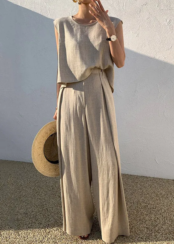 DIY Khaki O-Neck Vests And Wide Leg Pants Two Pieces Set Summer LY3903