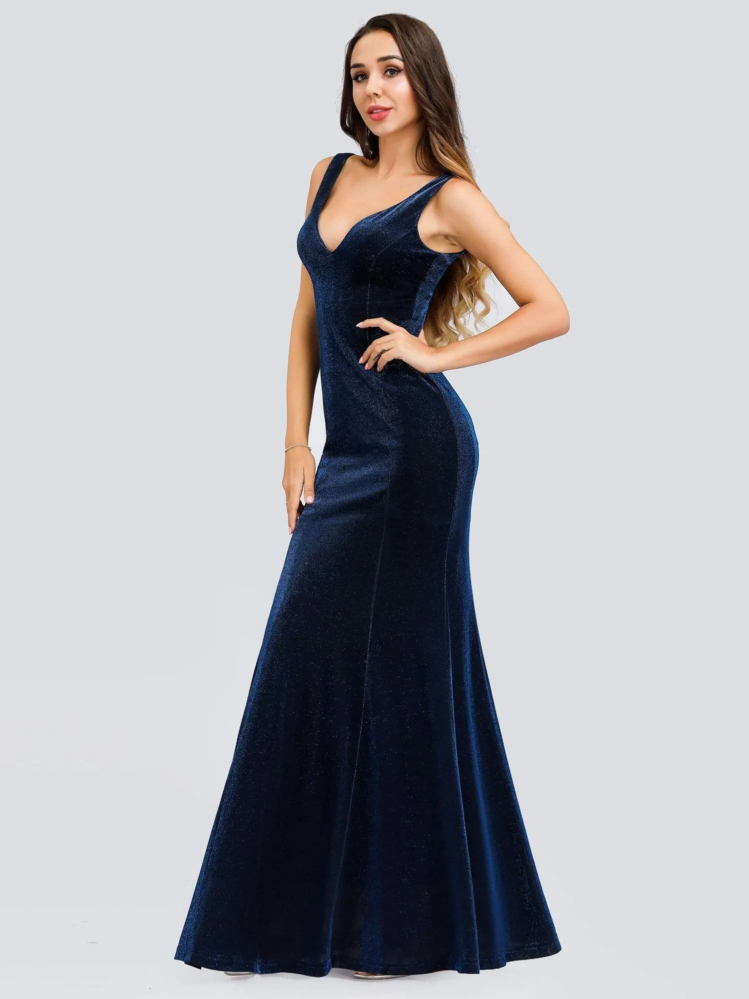 Double V-Neck Floor Length Velvet Mermaid Formal Dress for Women