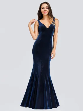 Double V-Neck Floor Length Velvet Mermaid Formal Dress for Women