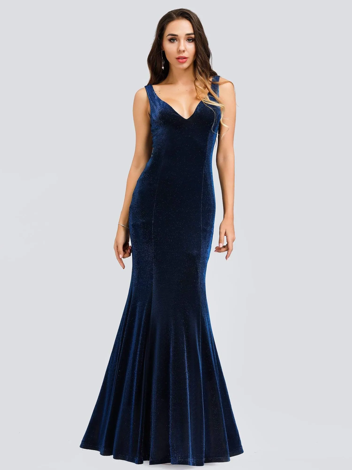 Double V-Neck Floor Length Velvet Mermaid Formal Dress for Women