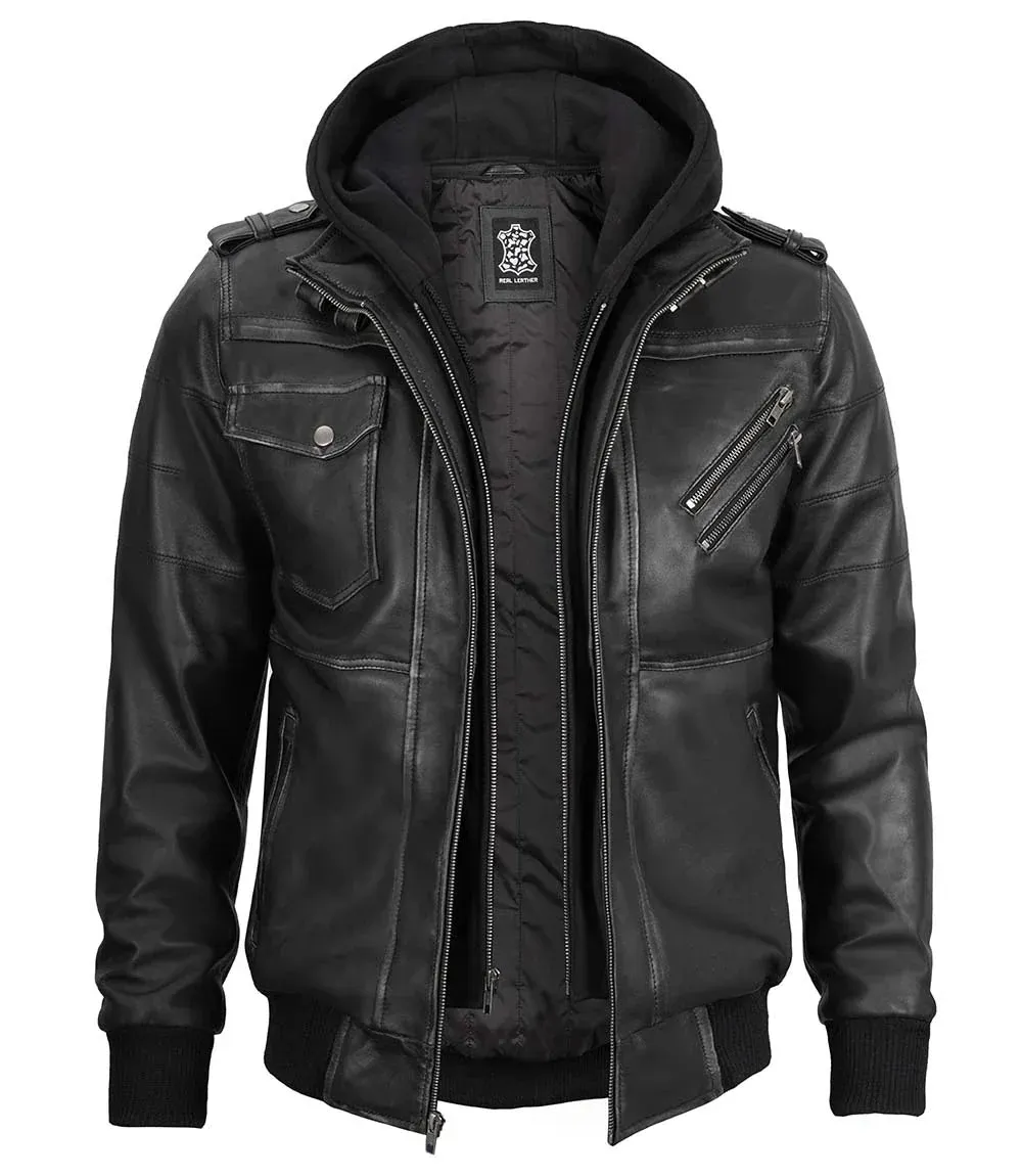 Edinburgh Men's Bomber Grey Removable Hooded Leather Jacket