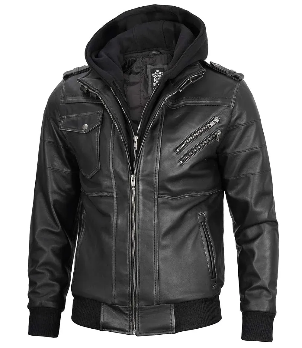 Edinburgh Men's Bomber Grey Removable Hooded Leather Jacket