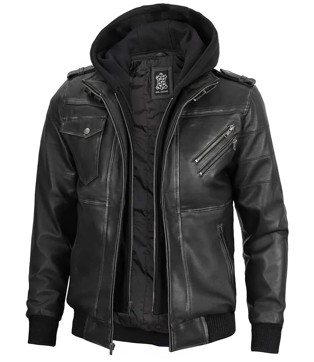 Edinburgh Men's Bomber Grey Removable Hooded Leather Jacket