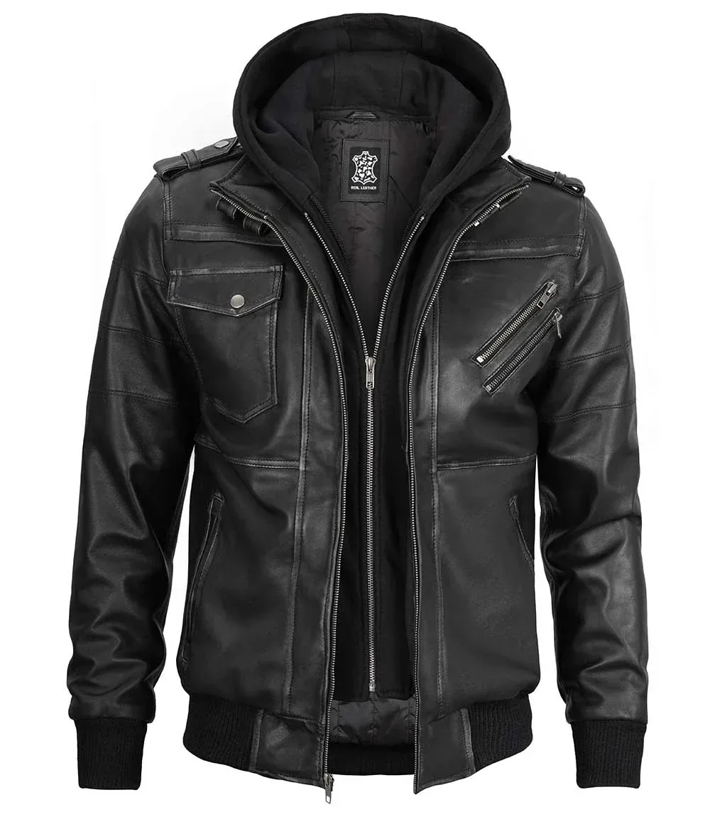 Edinburgh Men's Bomber Grey Removable Hooded Leather Jacket