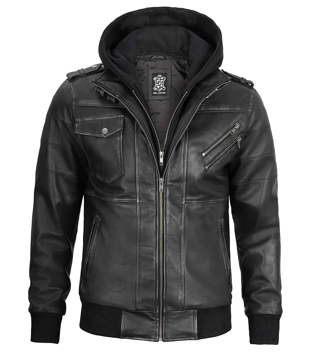 Edinburgh Men's Bomber Grey Removable Hooded Leather Jacket