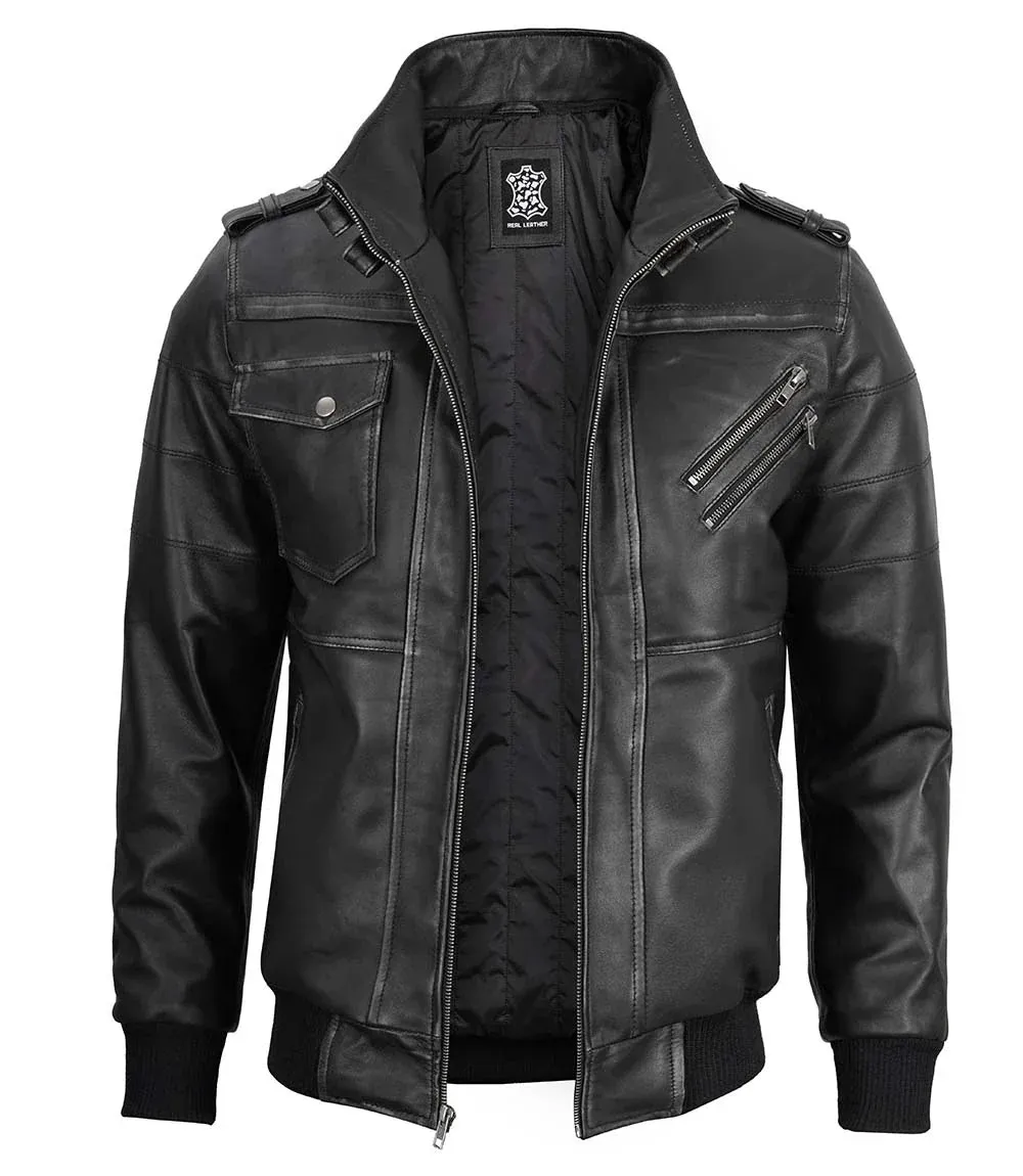 Edinburgh Men's Bomber Grey Removable Hooded Leather Jacket