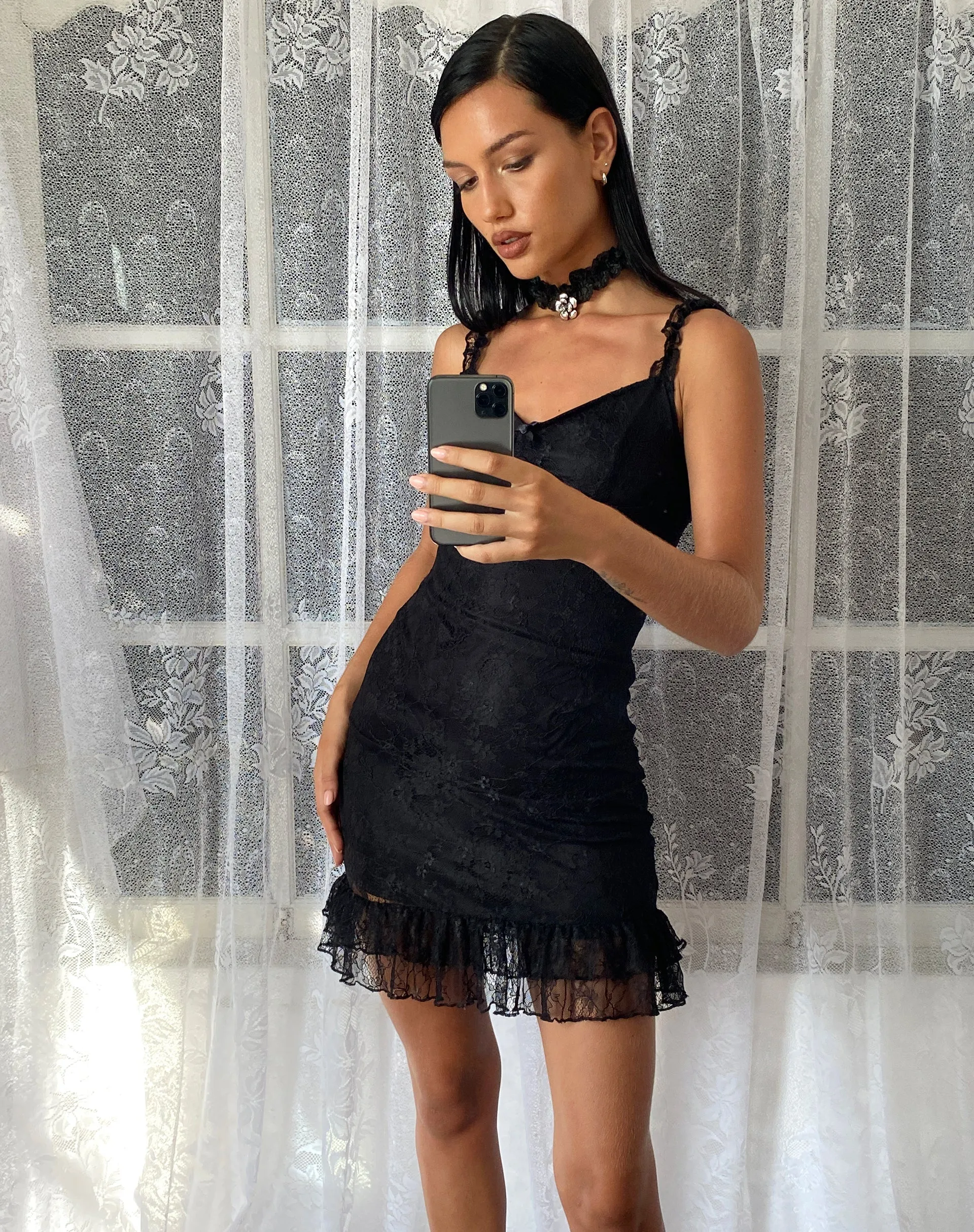 Elaine Lace Mini Dress in Black