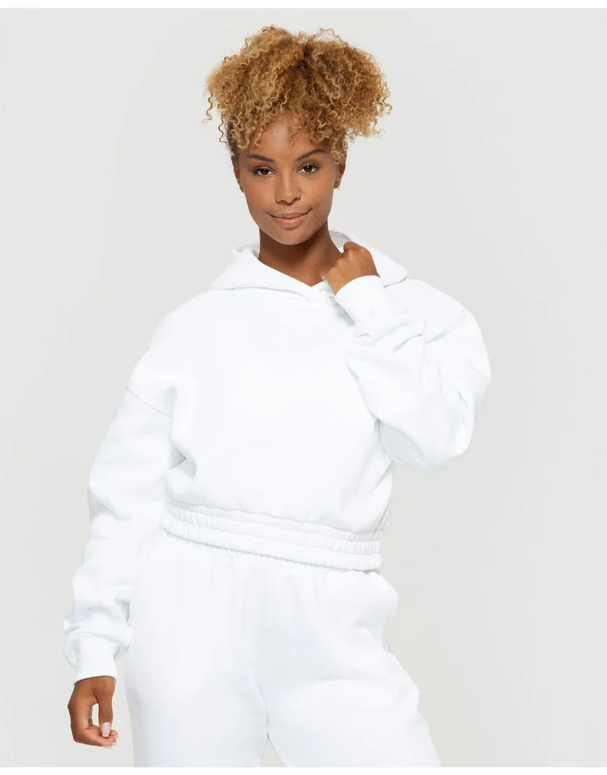 Elastic Waist Cropped Hoodie in White