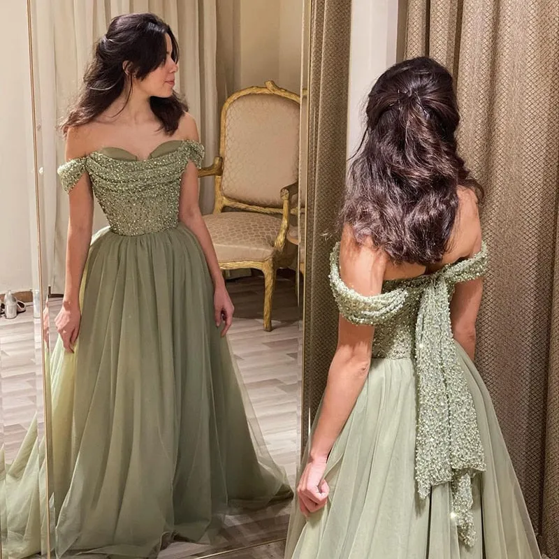 Elegant Off Shoulder Sage Green A-Line Evening Dress SS314