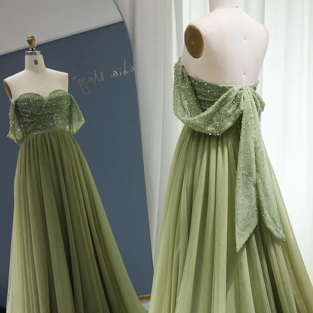 Elegant Off Shoulder Sage Green A-Line Evening Dress SS314