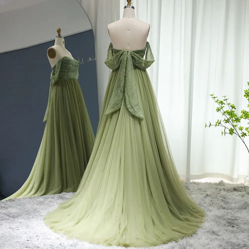 Elegant Off Shoulder Sage Green A-Line Evening Dress SS314