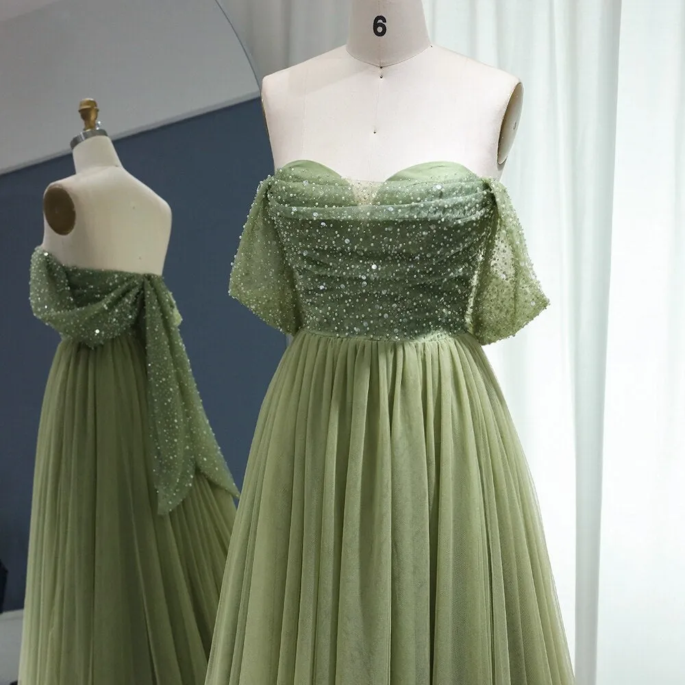 Elegant Off Shoulder Sage Green A-Line Evening Dress SS314