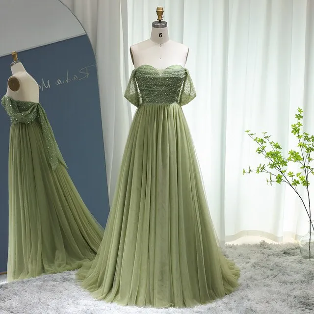 Elegant Off Shoulder Sage Green A-Line Evening Dress SS314