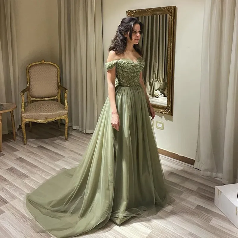 Elegant Off Shoulder Sage Green A-Line Evening Dress SS314