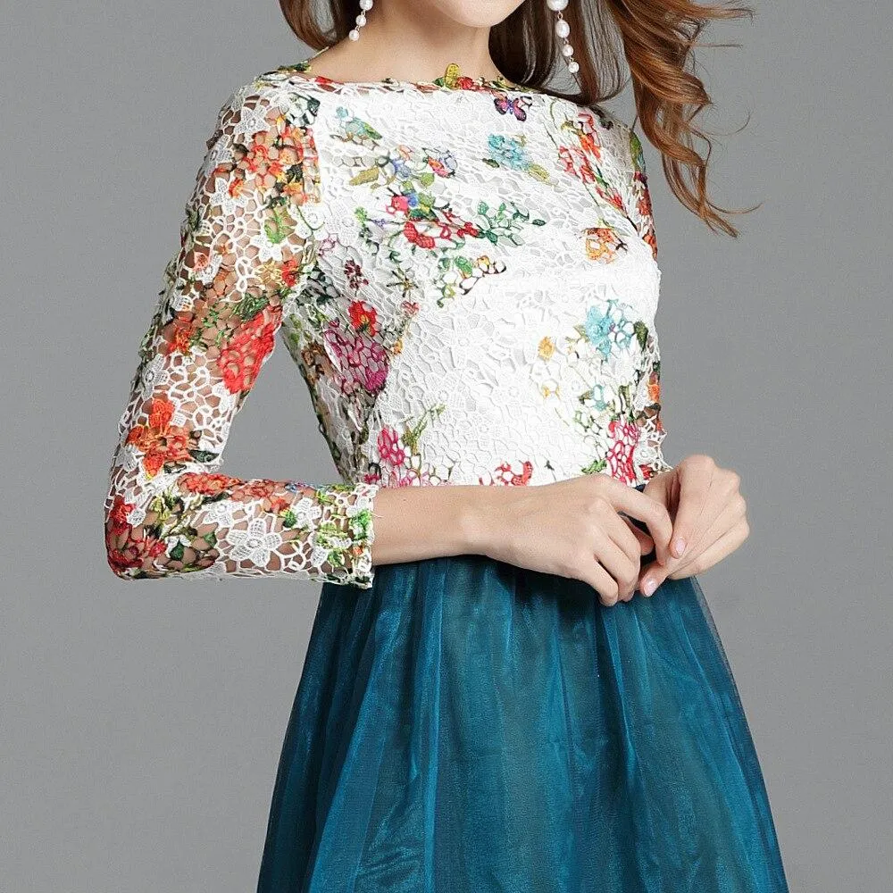 FashionSierra - Slash Neckline Embroidery Lace Party Prom Long Sleeves Sequined Fashion Dresses