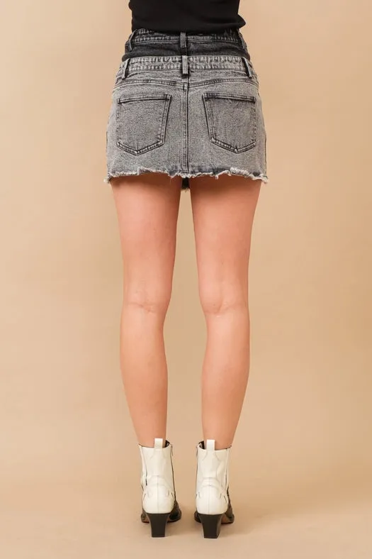 Frayed Hem Stretch Denim Mini Skirt CHARCOAL BLACK