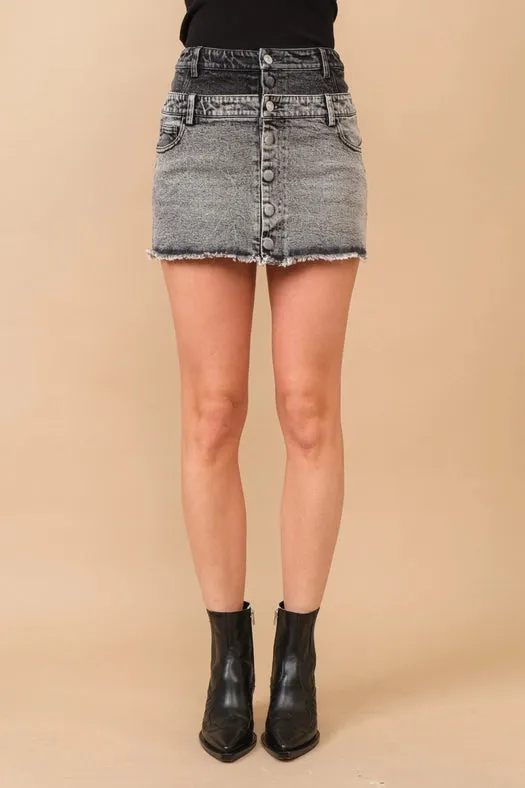 Frayed Hem Stretch Denim Mini Skirt CHARCOAL BLACK