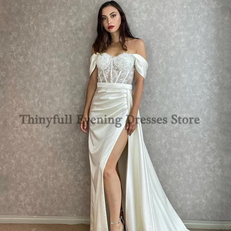 Graduation dress Sexy Prom Evening Dresses Off Shoulder Appliques Party Dress High Split Floor Length Cocktail Gowns Saudi Arabia Dubai