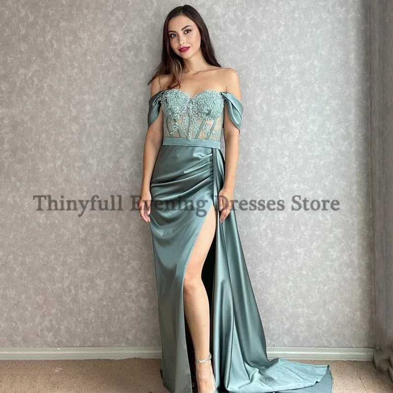 Graduation dress Sexy Prom Evening Dresses Off Shoulder Appliques Party Dress High Split Floor Length Cocktail Gowns Saudi Arabia Dubai