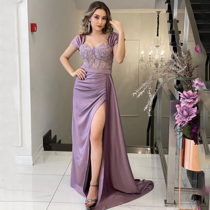 Graduation dress Sexy Prom Evening Dresses Off Shoulder Appliques Party Dress High Split Floor Length Cocktail Gowns Saudi Arabia Dubai