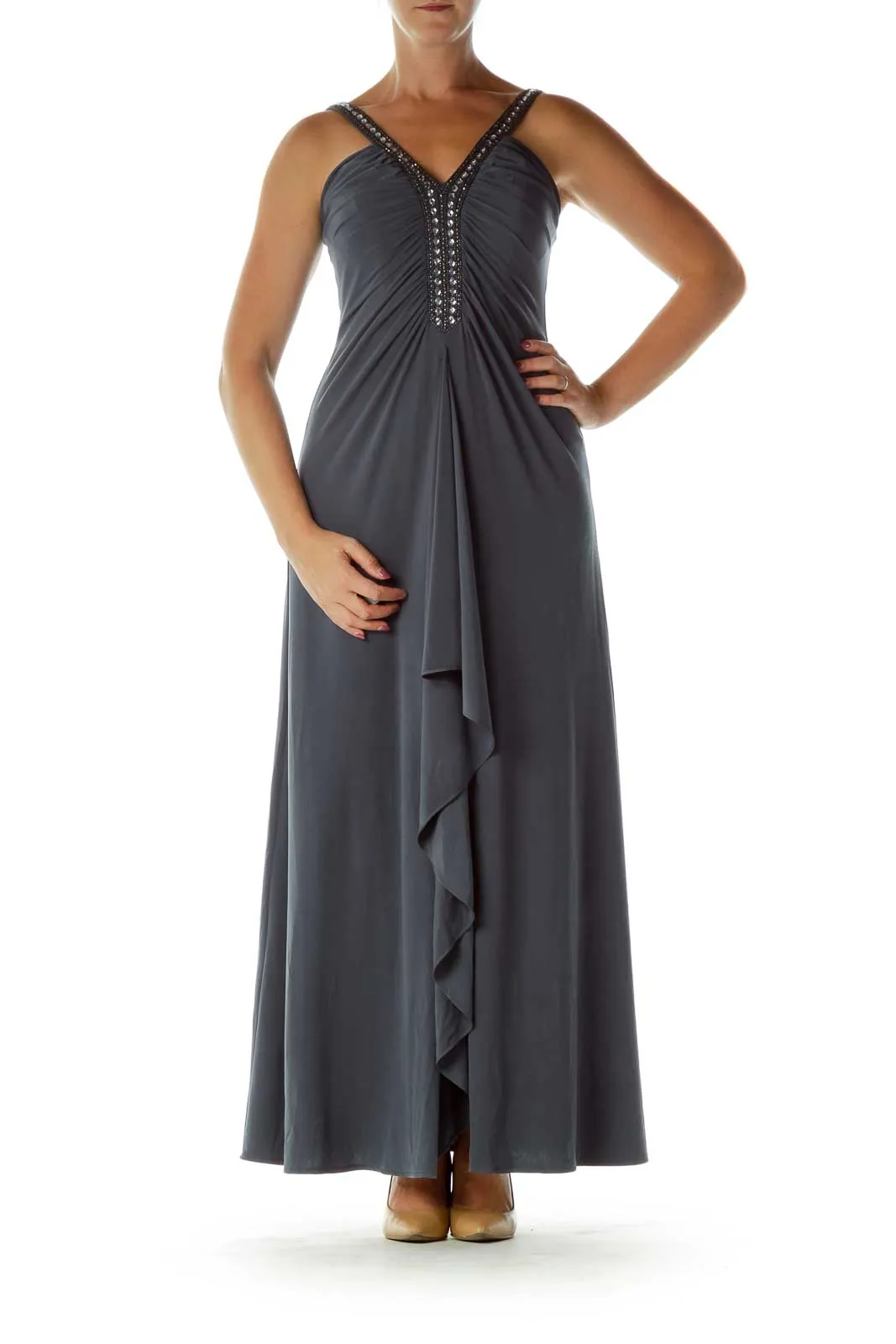 Gray Beaded Evening Dress