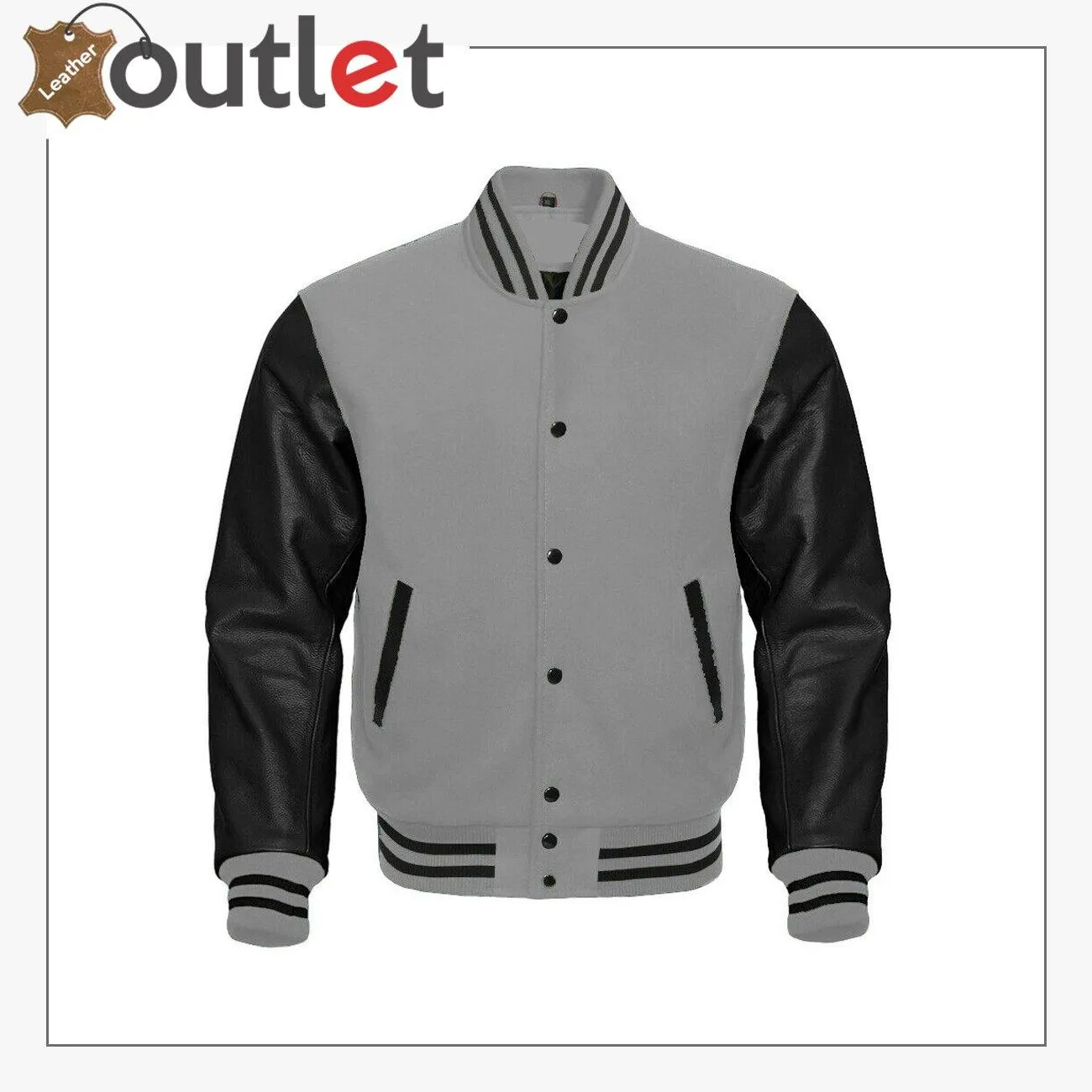 Gray Wool & Black Bomber Leather Varsity Jacket