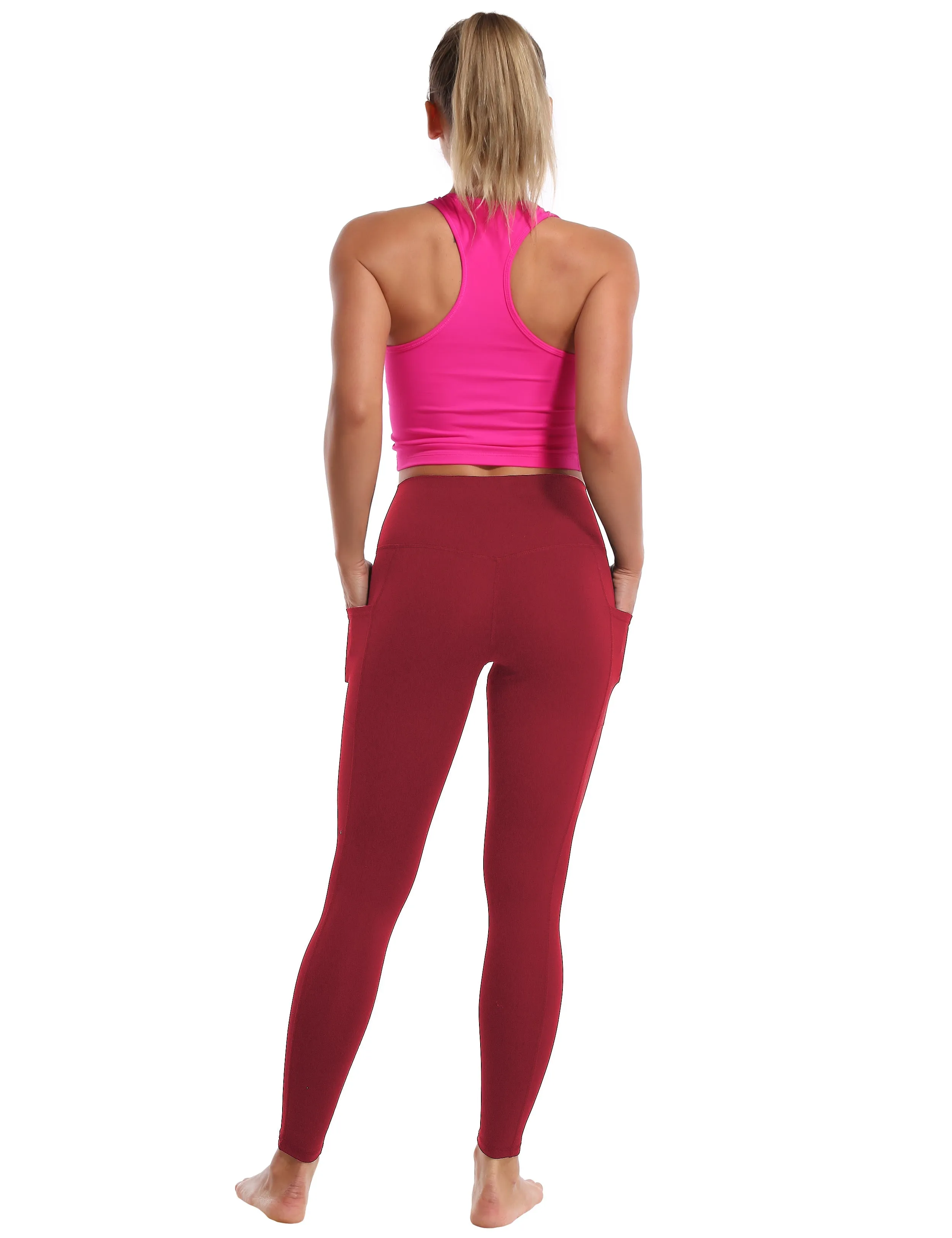 High Waisted Jogging Pants 7/8 Length Leggings with Pockets red_Jogging