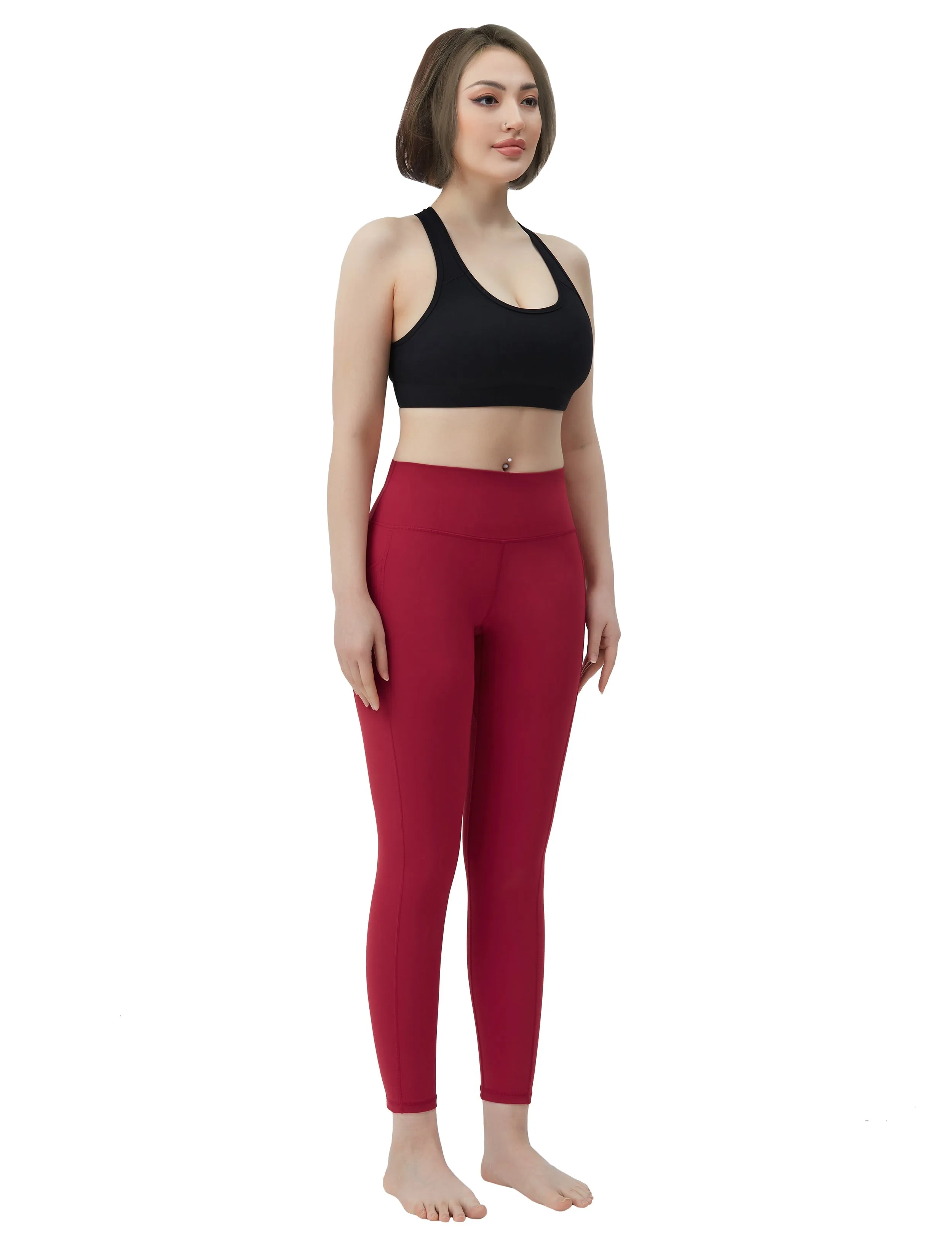 High Waisted Jogging Pants 7/8 Length Leggings with Pockets red_Jogging