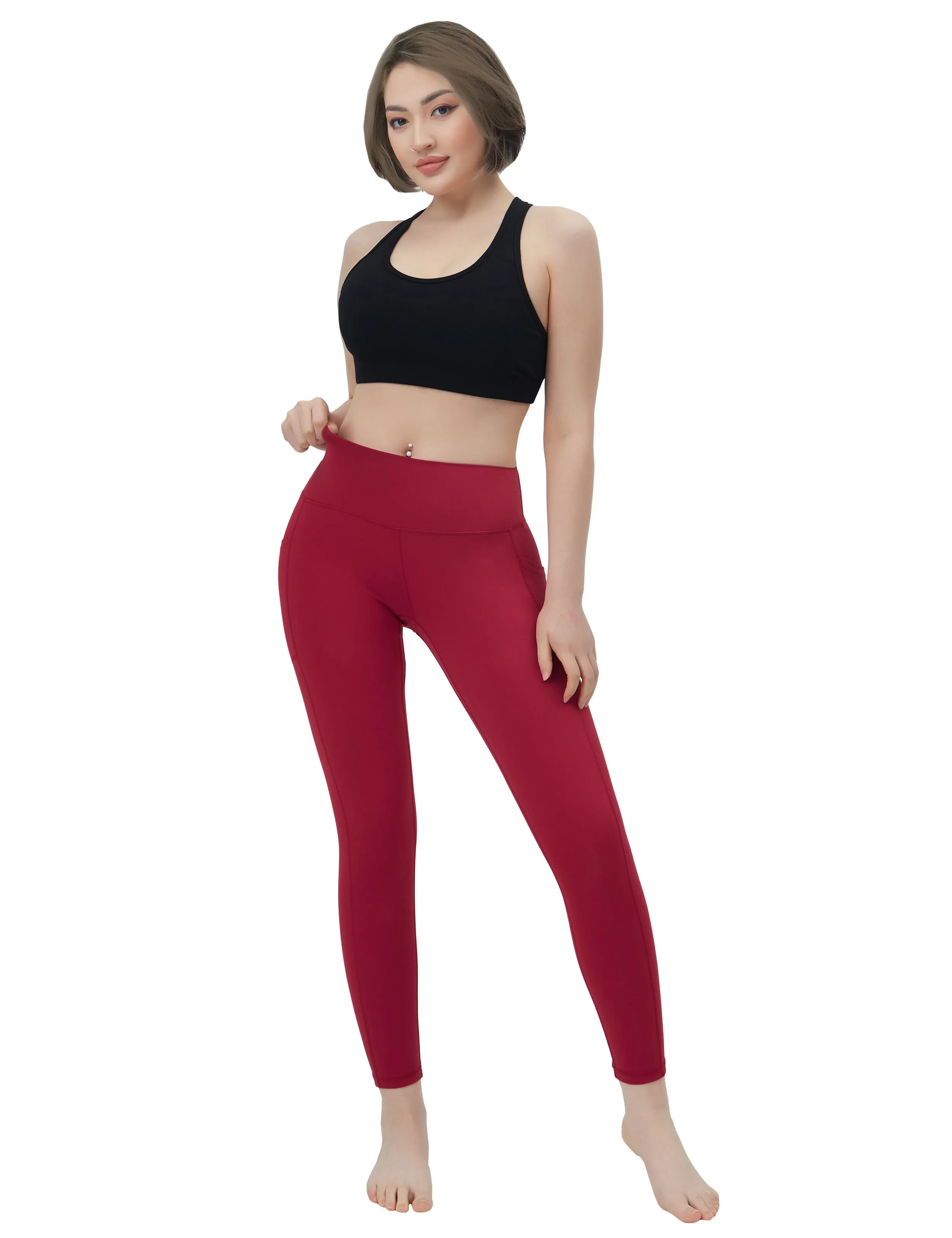 High Waisted Jogging Pants 7/8 Length Leggings with Pockets red_Jogging