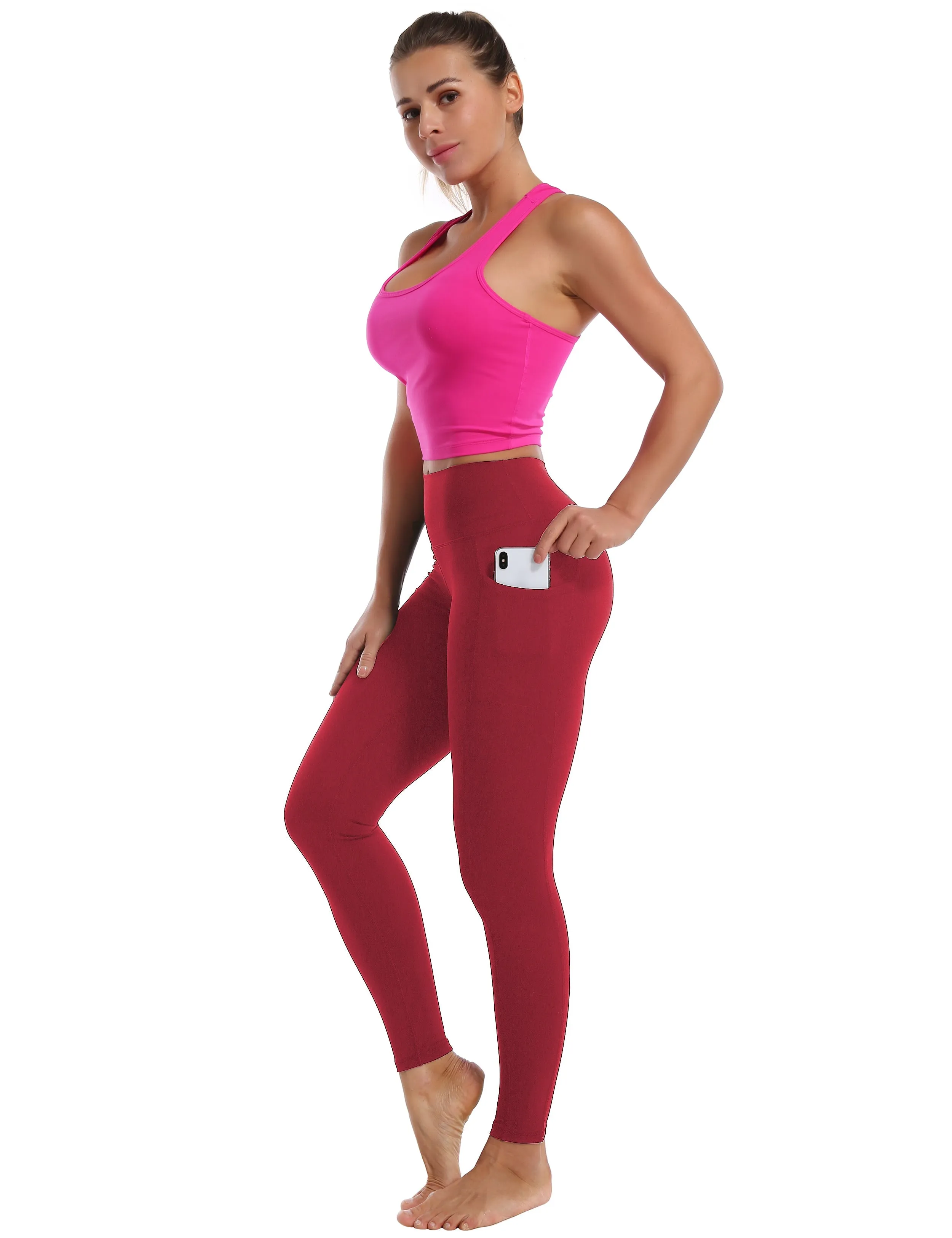 High Waisted Jogging Pants 7/8 Length Leggings with Pockets red_Jogging