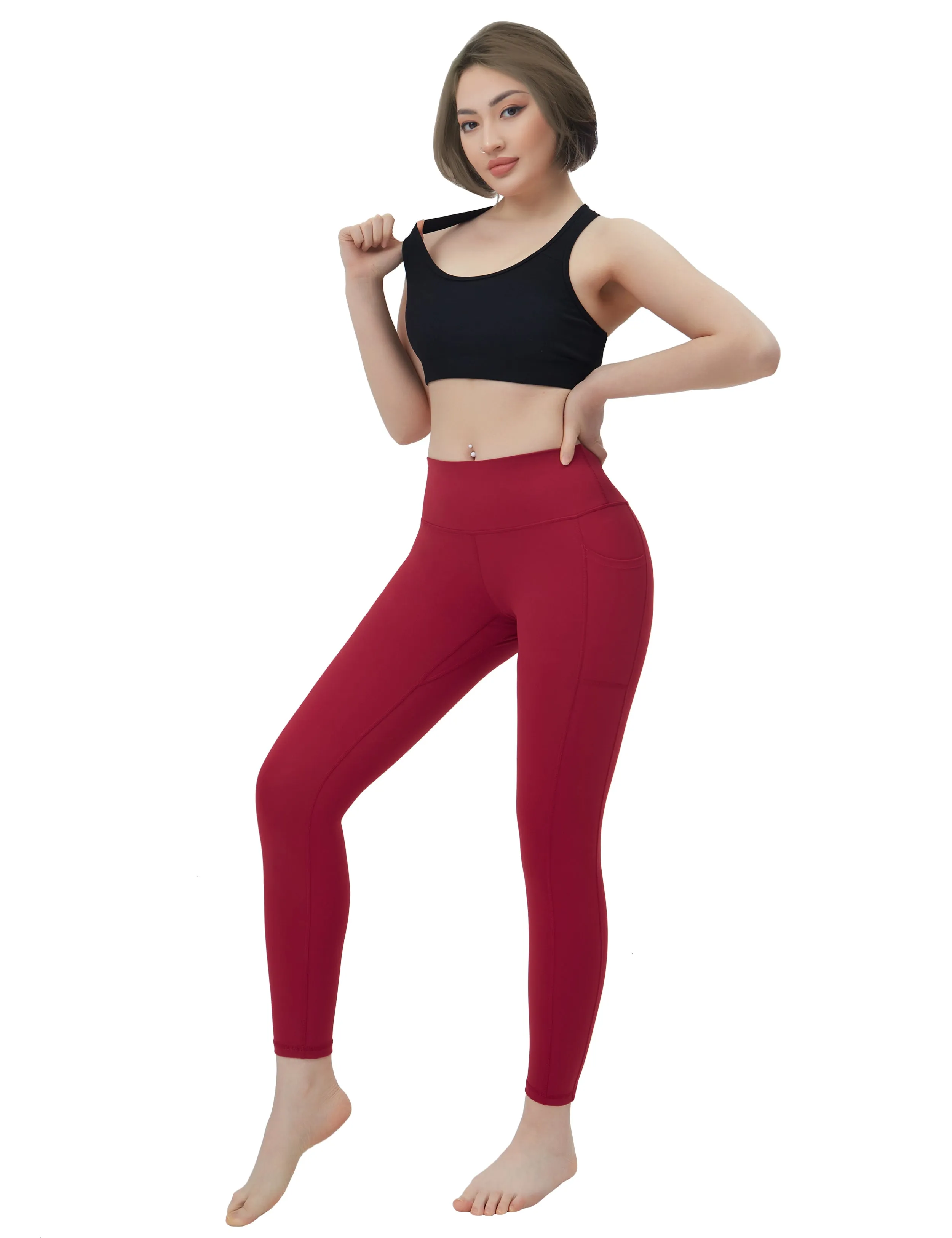 High Waisted Jogging Pants 7/8 Length Leggings with Pockets red_Jogging