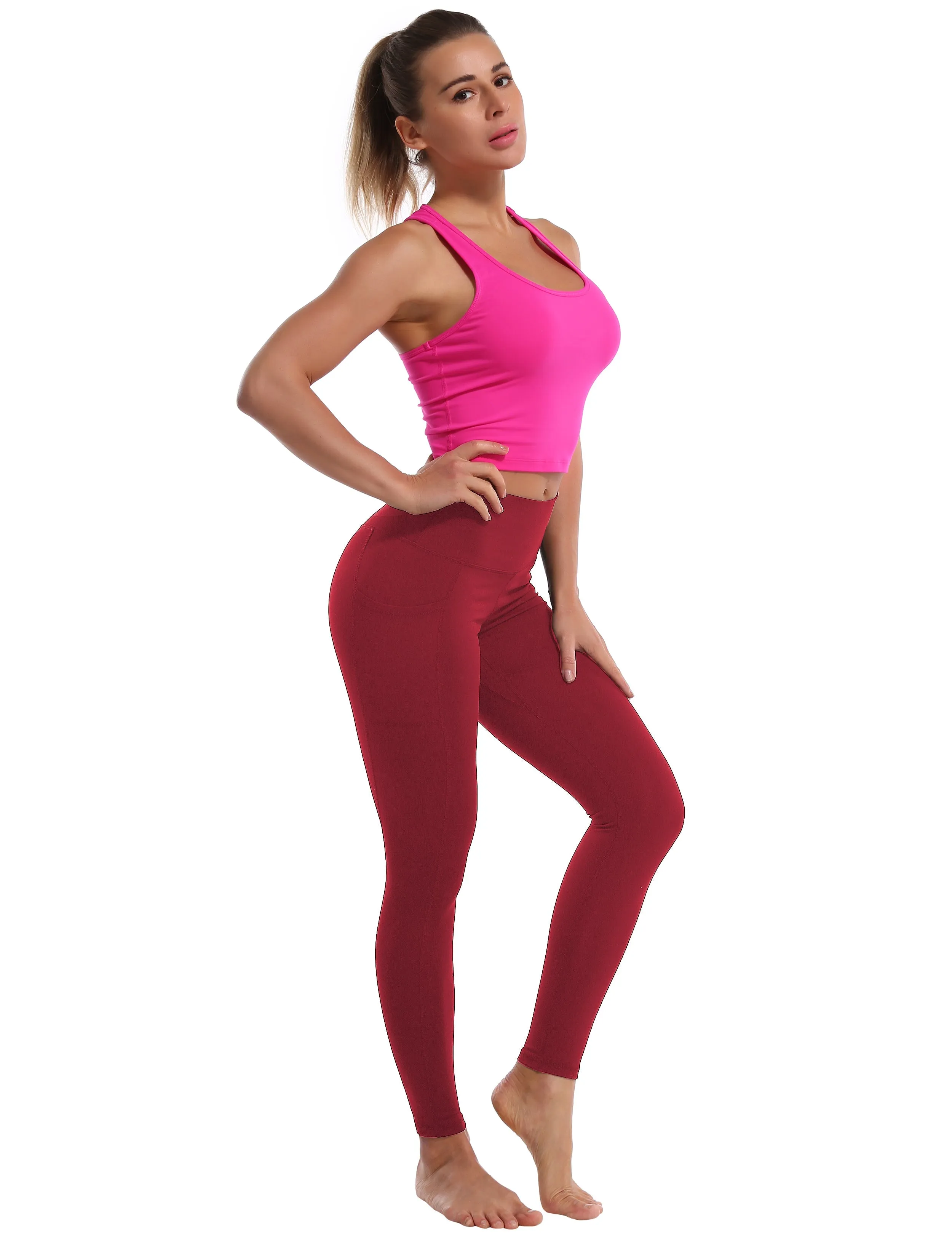 High Waisted Jogging Pants 7/8 Length Leggings with Pockets red_Jogging