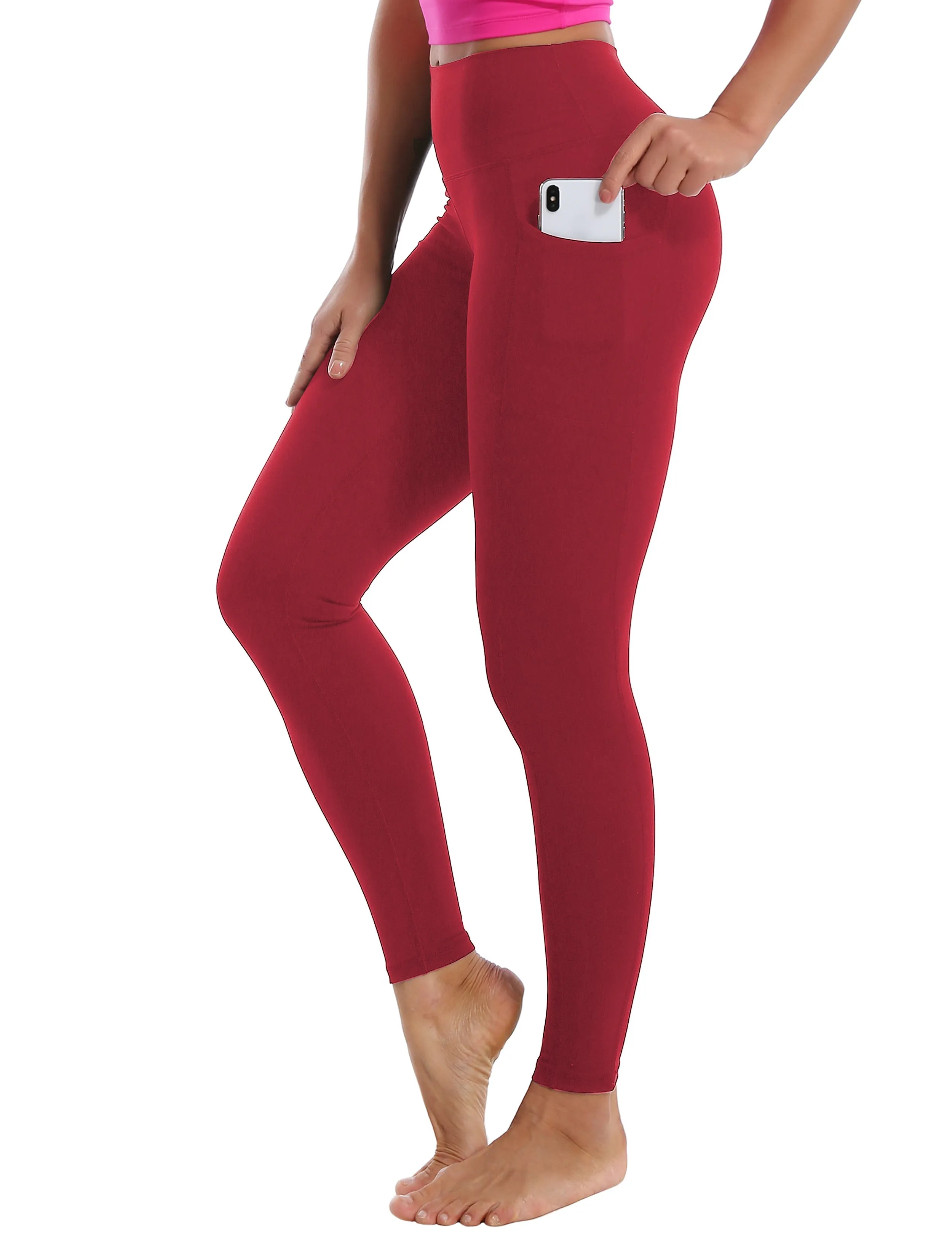 High Waisted Jogging Pants 7/8 Length Leggings with Pockets red_Jogging