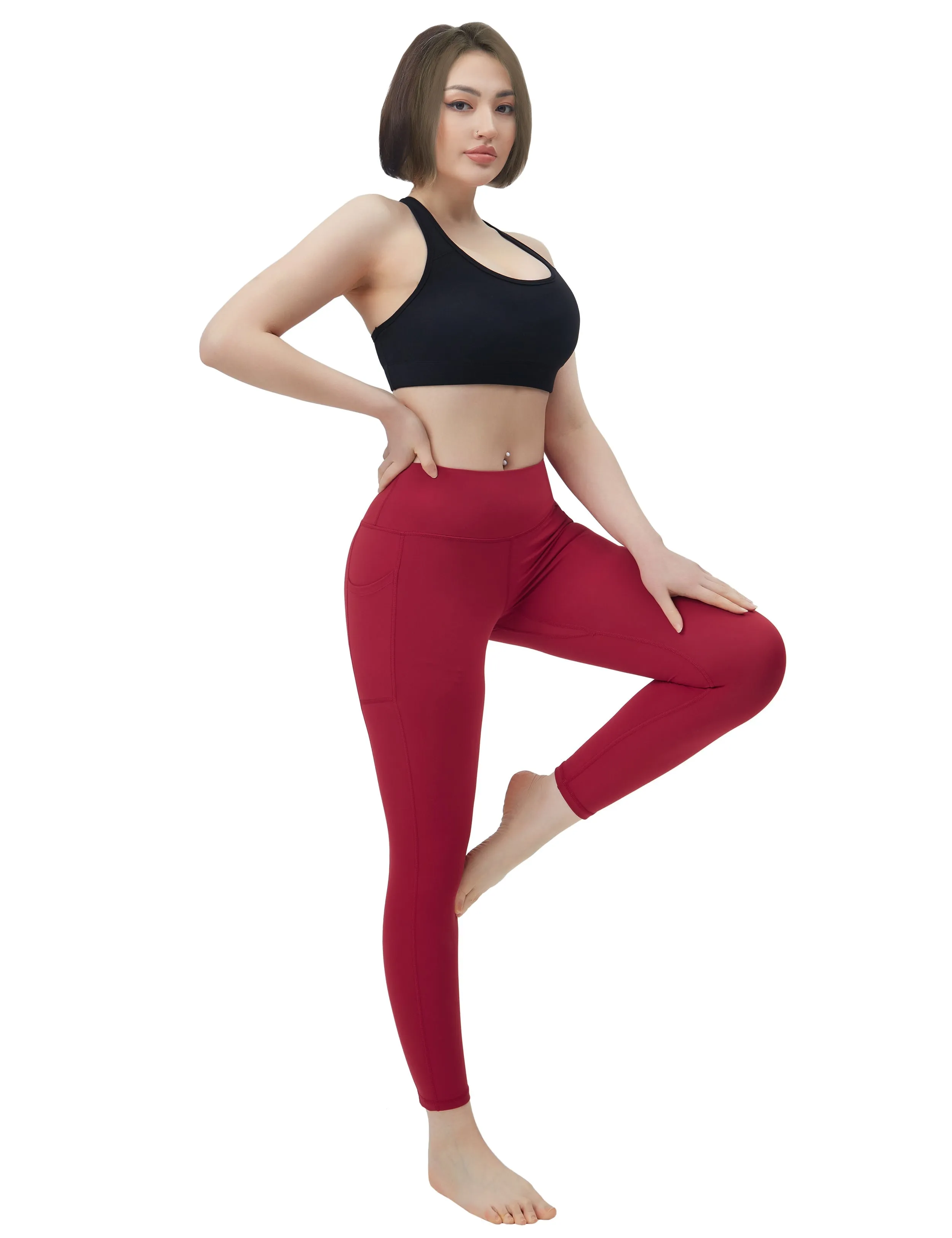 High Waisted Jogging Pants 7/8 Length Leggings with Pockets red_Jogging