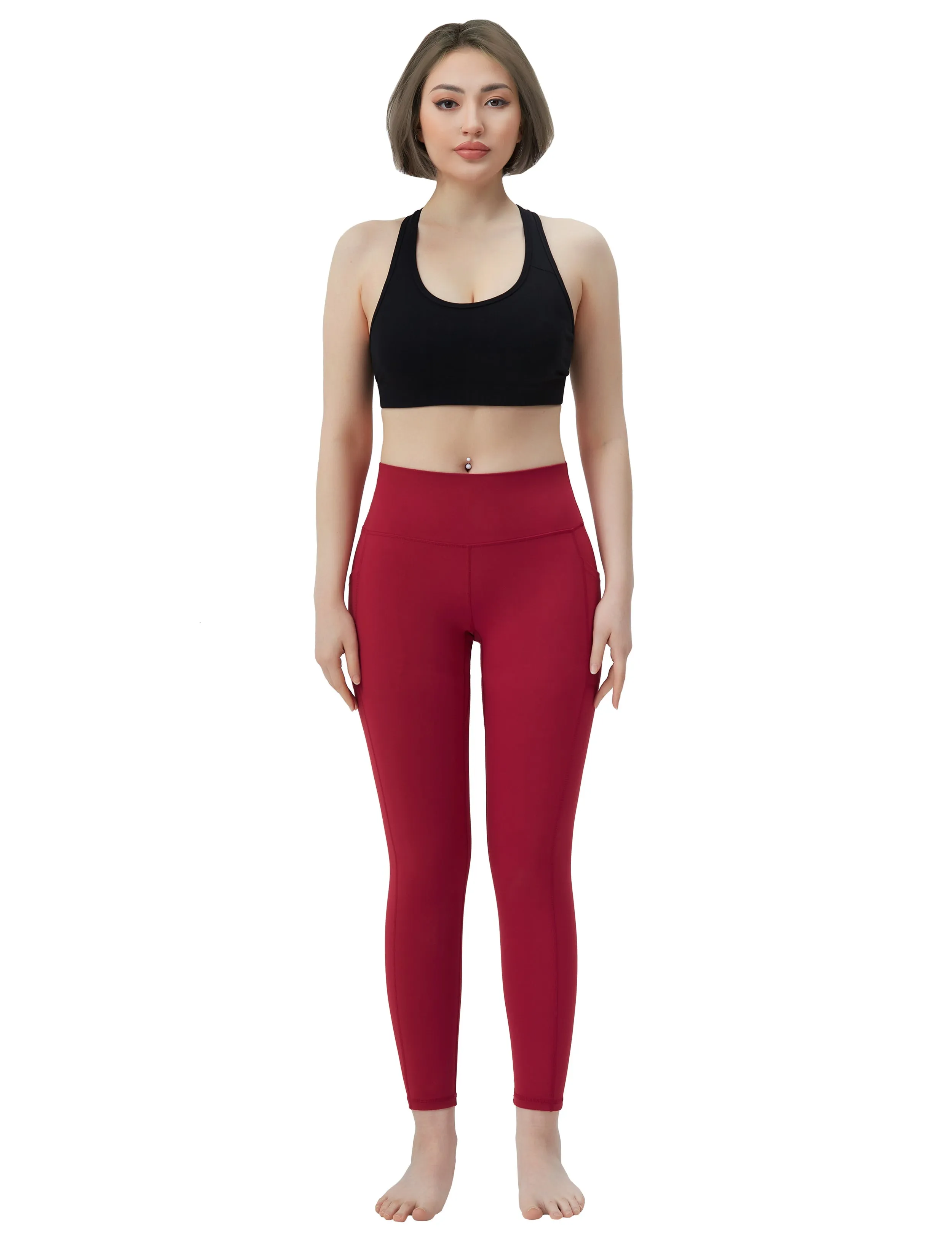 High Waisted Jogging Pants 7/8 Length Leggings with Pockets red_Jogging