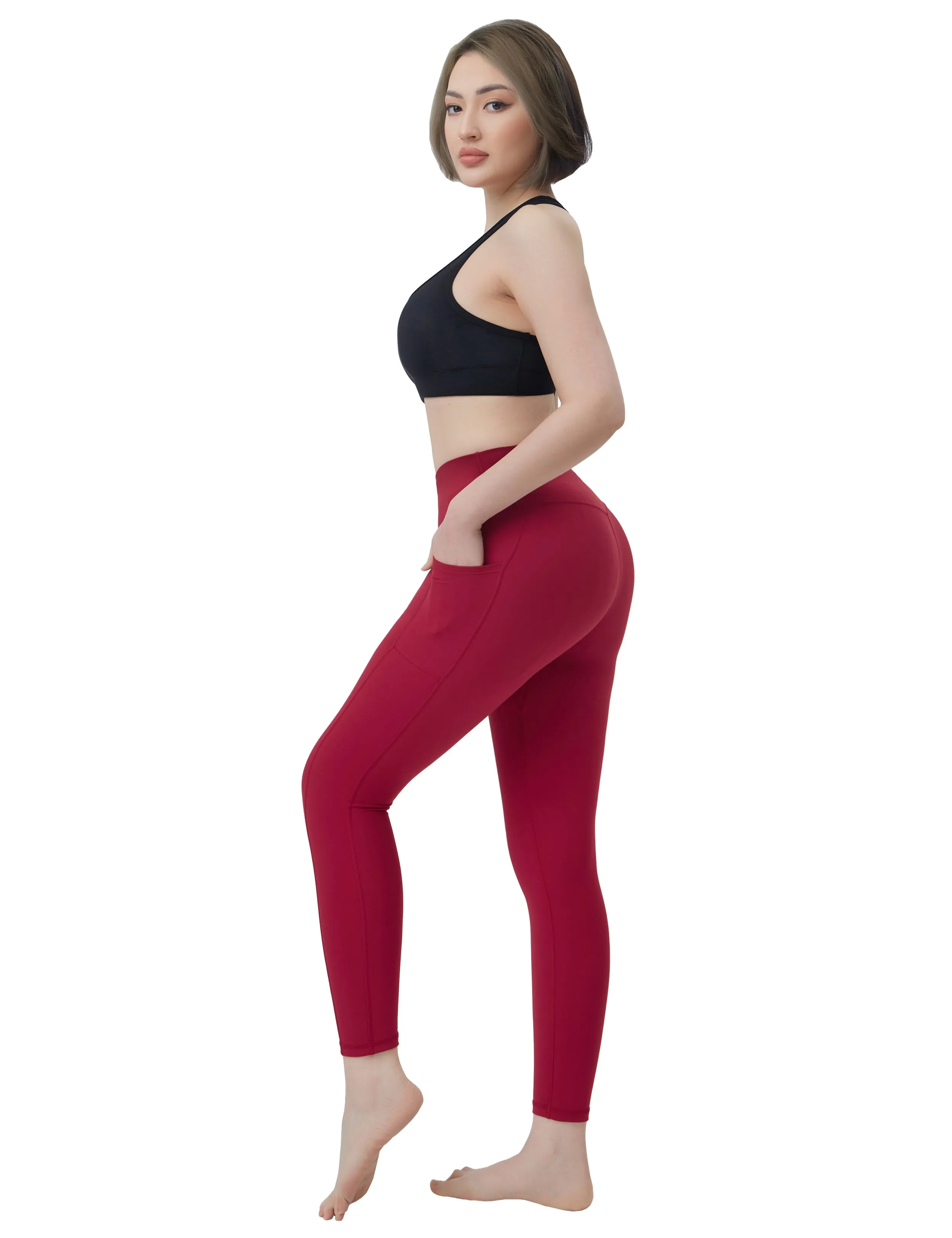 High Waisted Jogging Pants 7/8 Length Leggings with Pockets red_Jogging